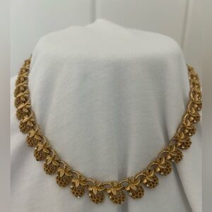 Vintage choker necklace gold strawberry rhinestone linked berry charms MCM 50s